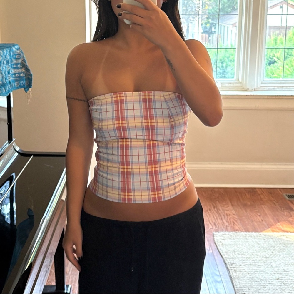 Peachy Den Plaid Gingham Strapless Tube Bandeau Top